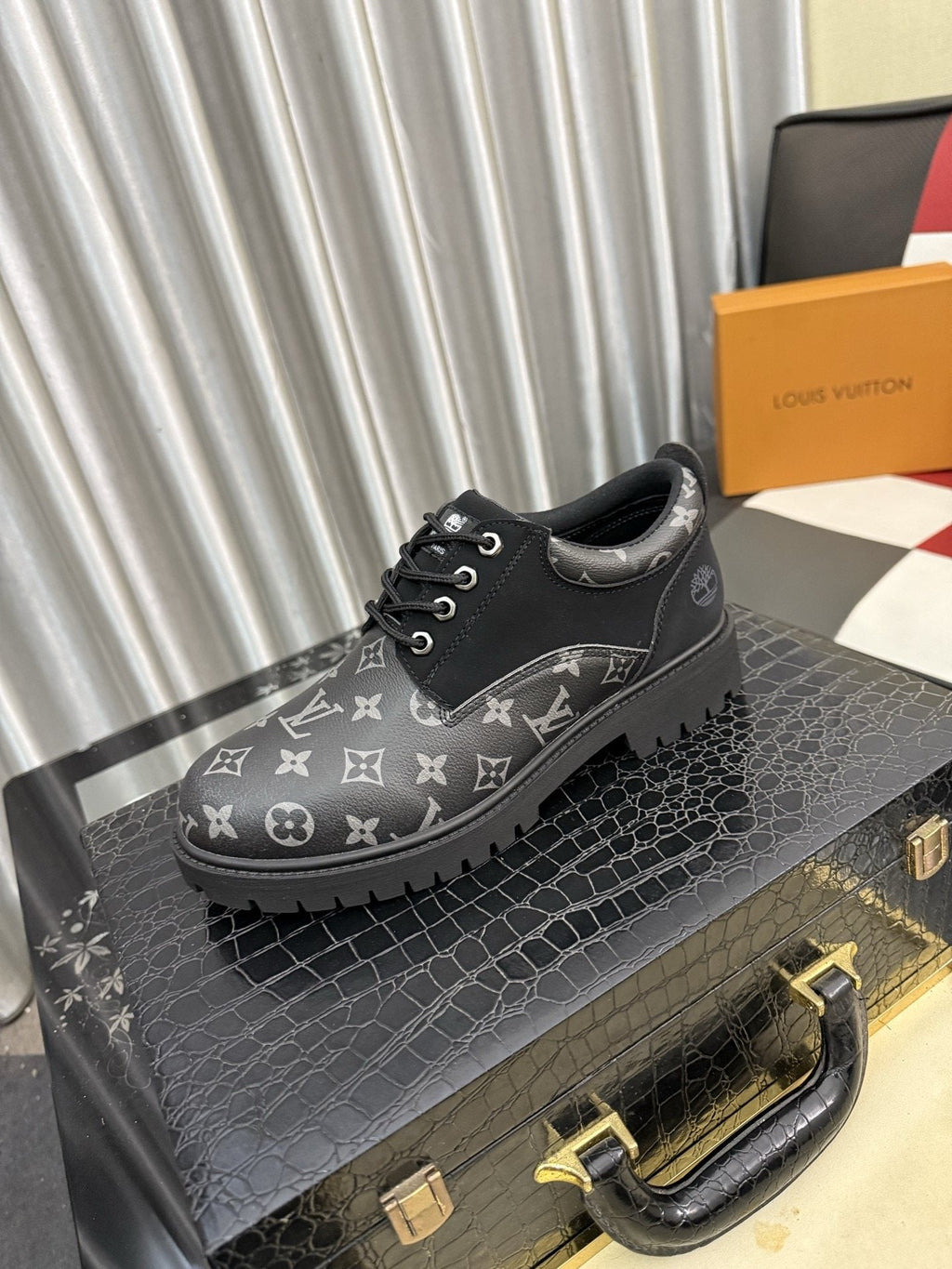 Black & Dark Gray Monogram Lace-Up Shoes — hero