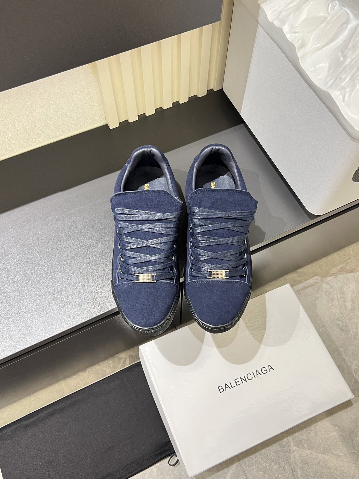 Balenciaga Navy Blue Textured Low-Top Sneakers — front
