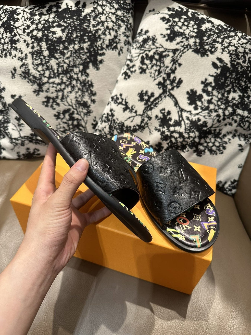 Louis Vuitton Black Embossed Slide Sandals — side