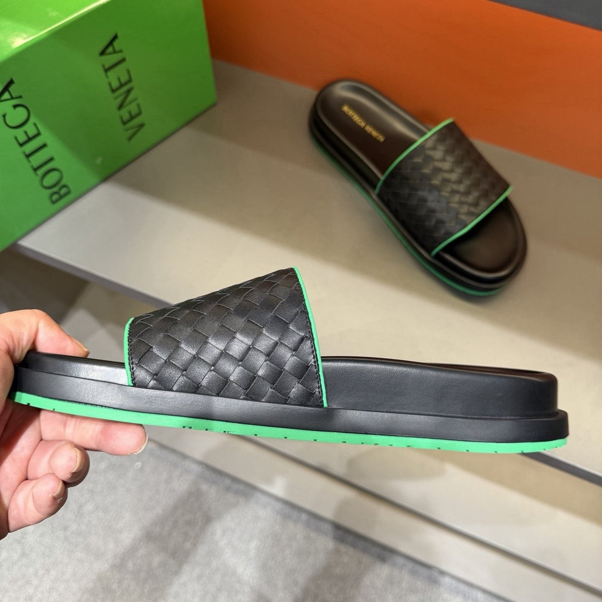 Bottega Veneta Woven Strap Slide Sandals — model