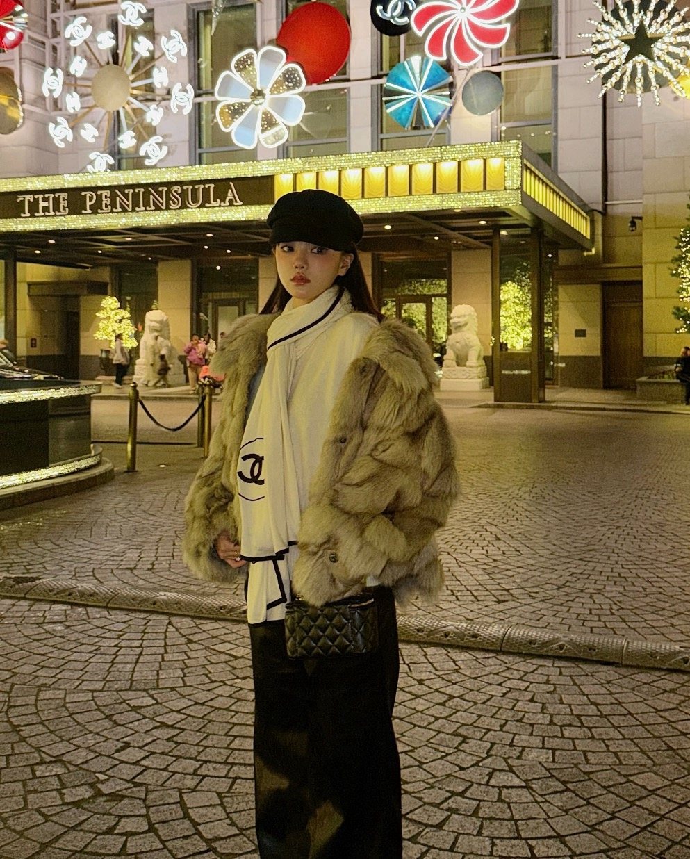 Chanel Contrast-Trim Logo Scarf — model