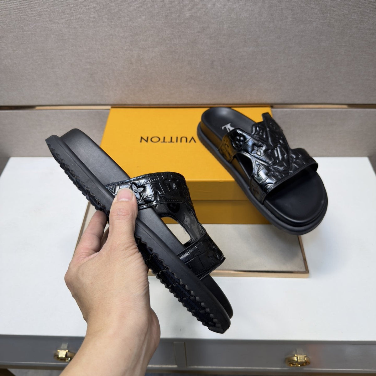 Louis Vuitton Textured Monogram Slide Sandals — side